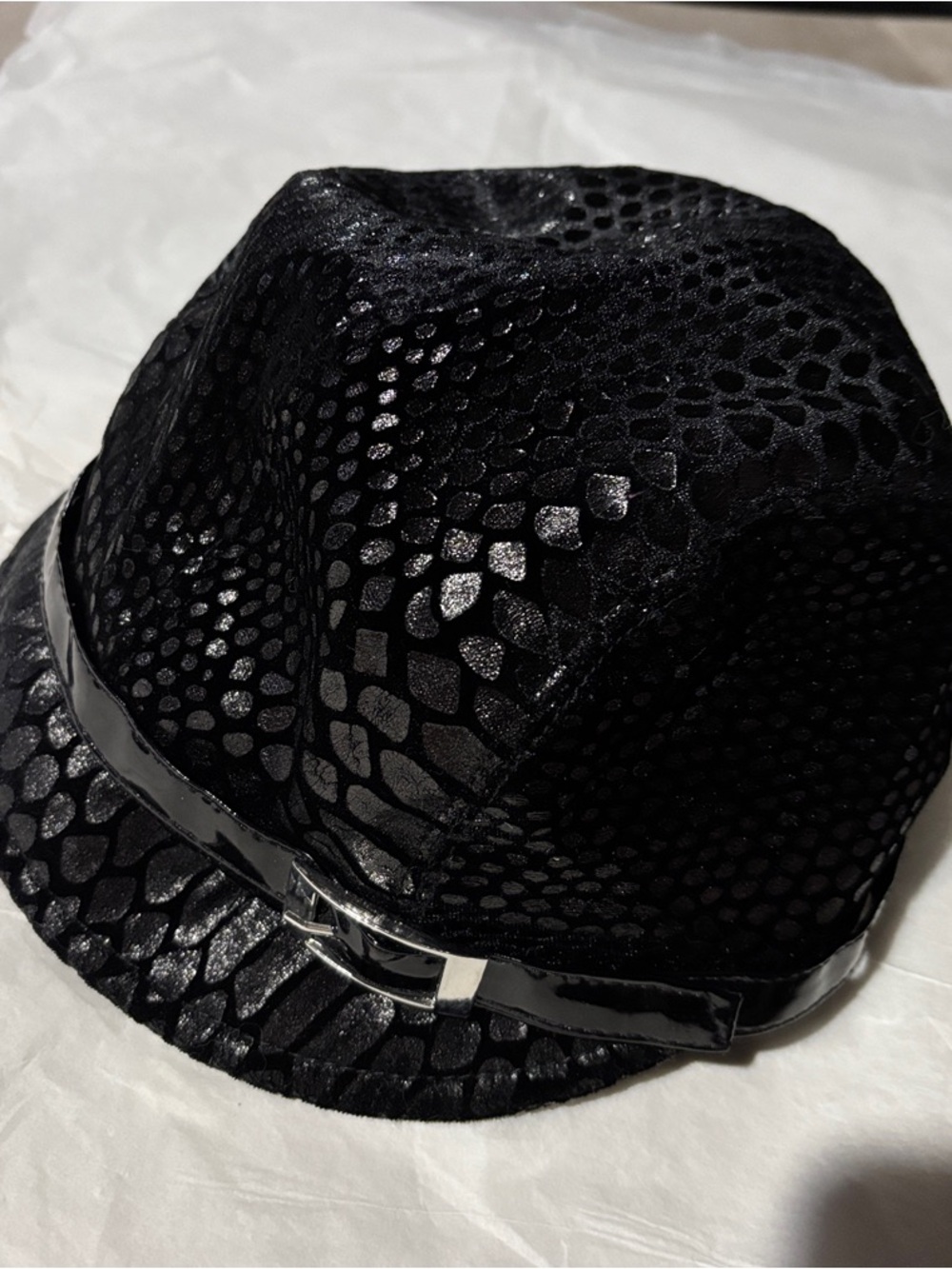 bebe Black Textured Fedora Hat with Patent Trim